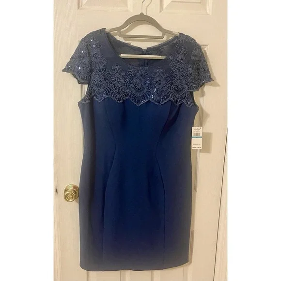 Alex Evenings | Dresses | Alex Evenings Navy Blue Sequin Lace Chiffon Midi  Size 6p Lined Sleeveless Nwt | Poshmark